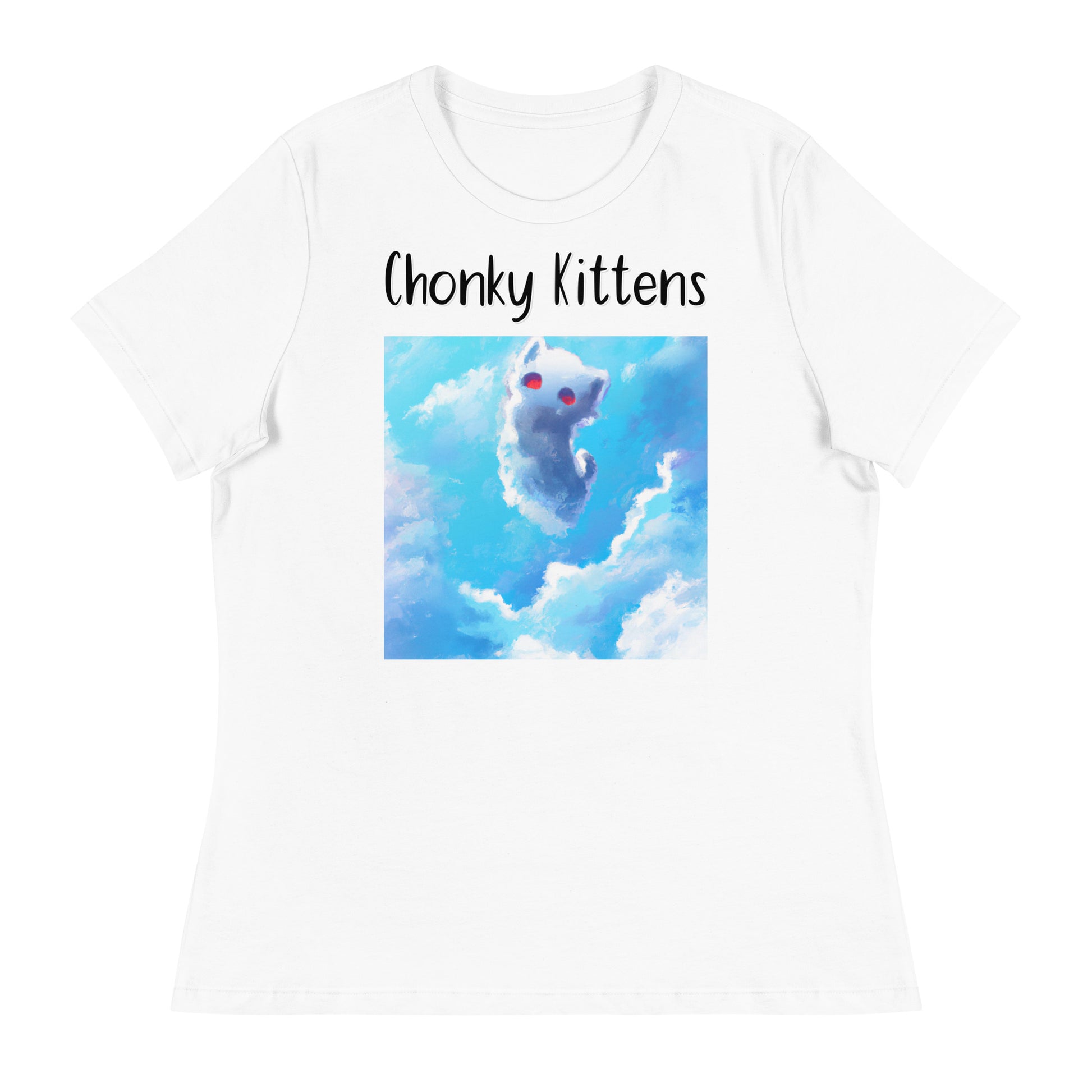 Women's White T-Shirt with Kitten In the Sky with a text "Chonky Kittens" at $25.97 found at Personalizedpetlovergifts