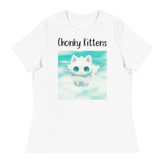 Women's White T-Shirt with Kitten In The Clouds with a text "Chonky Kittens" at $25.97 found at Personalizedpetlovergifts