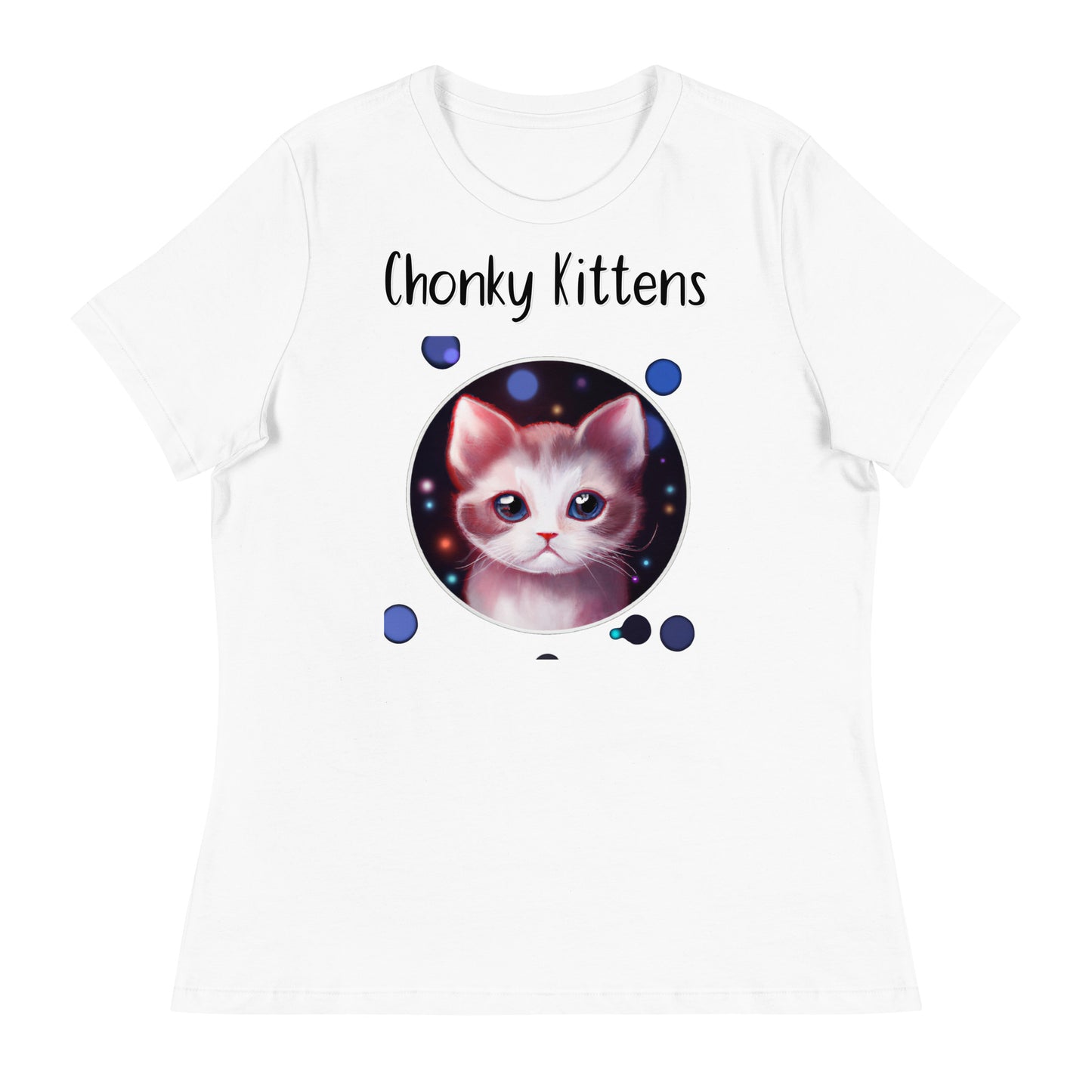 Women's White T-Shirt with Kitten In a Galaxy Circle with a text "Chonky Kittens" at $25.97 found at Personalizedpetlovergifts