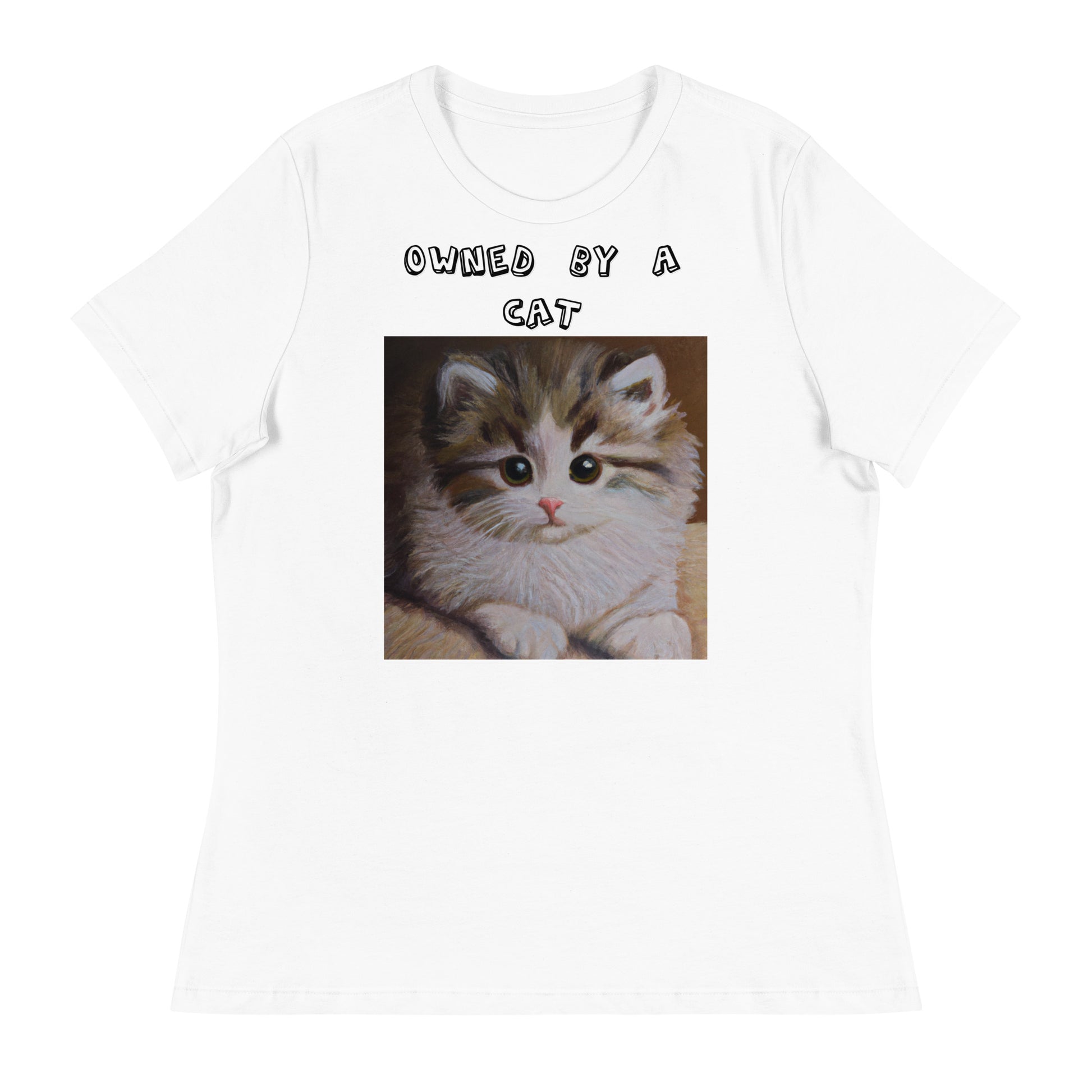 Women's White T-Shirt with Small Fluffy Kitten Painting with a text "Owned by a Cat" at $25.97 found at Personalizedpetlovergifts