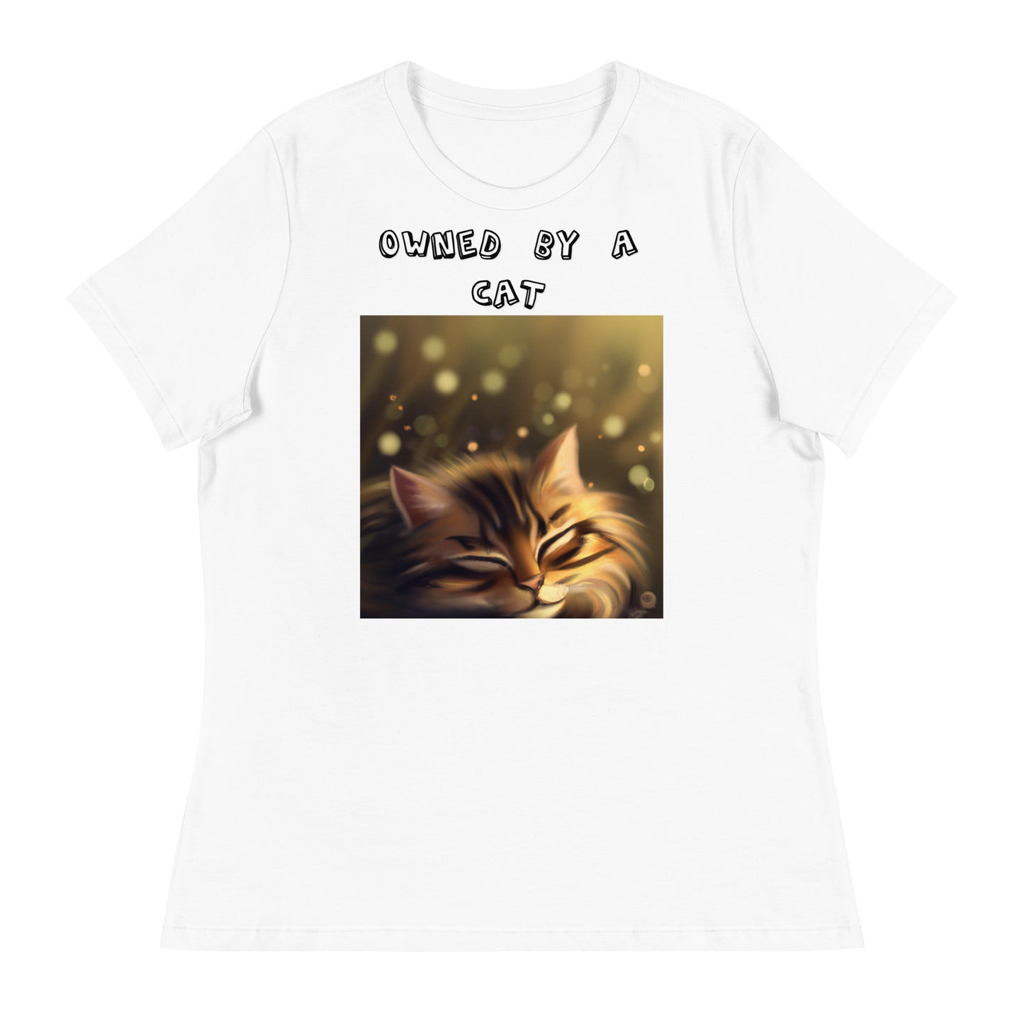 Women's White T-Shirt with Sleepy Cat with a text "Owned by a Cat" at $25.97 found at Personalizedpetlovergifts