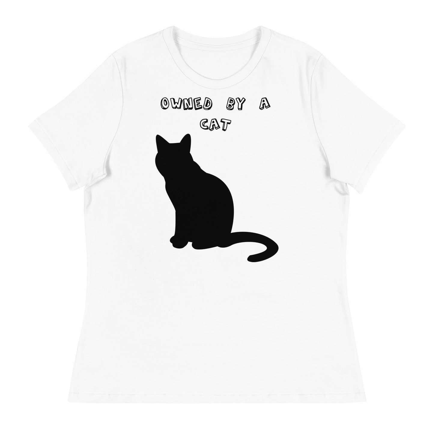 Women's White T-Shirt with Silhouette Of Black Cat with a text "Owned by a Cat" at $25.97 found at Personalizedpetlovergifts