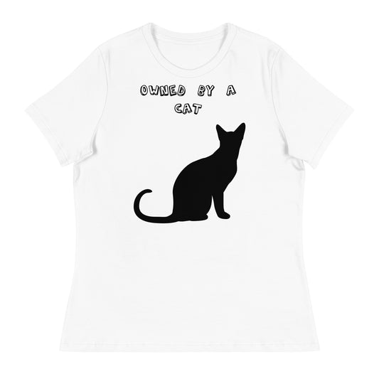 Women's White T-Shirt with Silhouette Of a Black Cat with a text "Owned by a Cat" at $25.97 found at Personalizedpetlovergifts