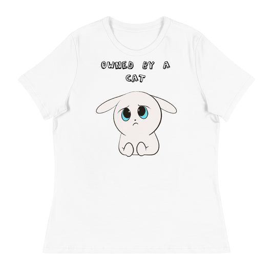 Women's White T-Shirt with Sad White Kitten with a text "Owned by a Cat" at $25.97 found at Personalizedpetlovergifts