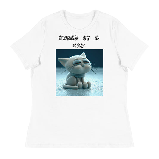 Women's White T-Shirt with Sad Sitting Kitten with a text "Owned by a Cat" at $25.97 found at Personalizedpetlovergifts