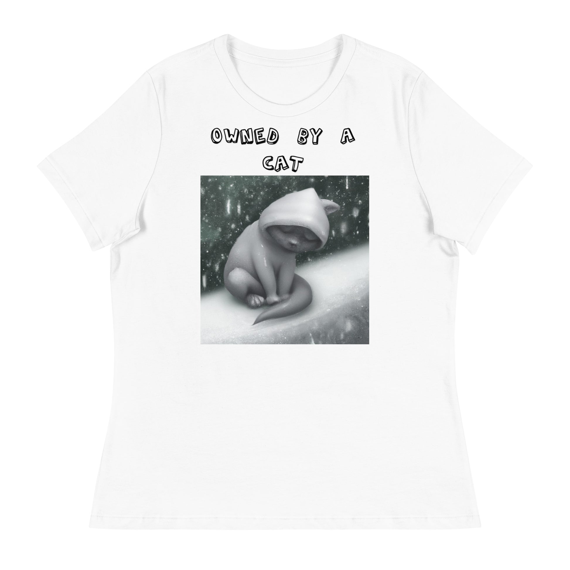 Women's White T-Shirt with Sad Cold Kitten In The Snow with a text "Owned by a Cat" at $25.97 found at Personalizedpetlovergifts