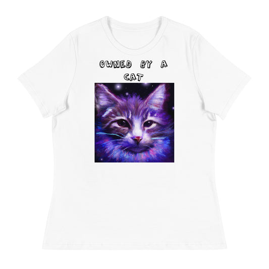 Women's White T-Shirt with Purple Space Cat with a text "Owned by a Cat" at $25.97 found at Personalizedpetlovergifts