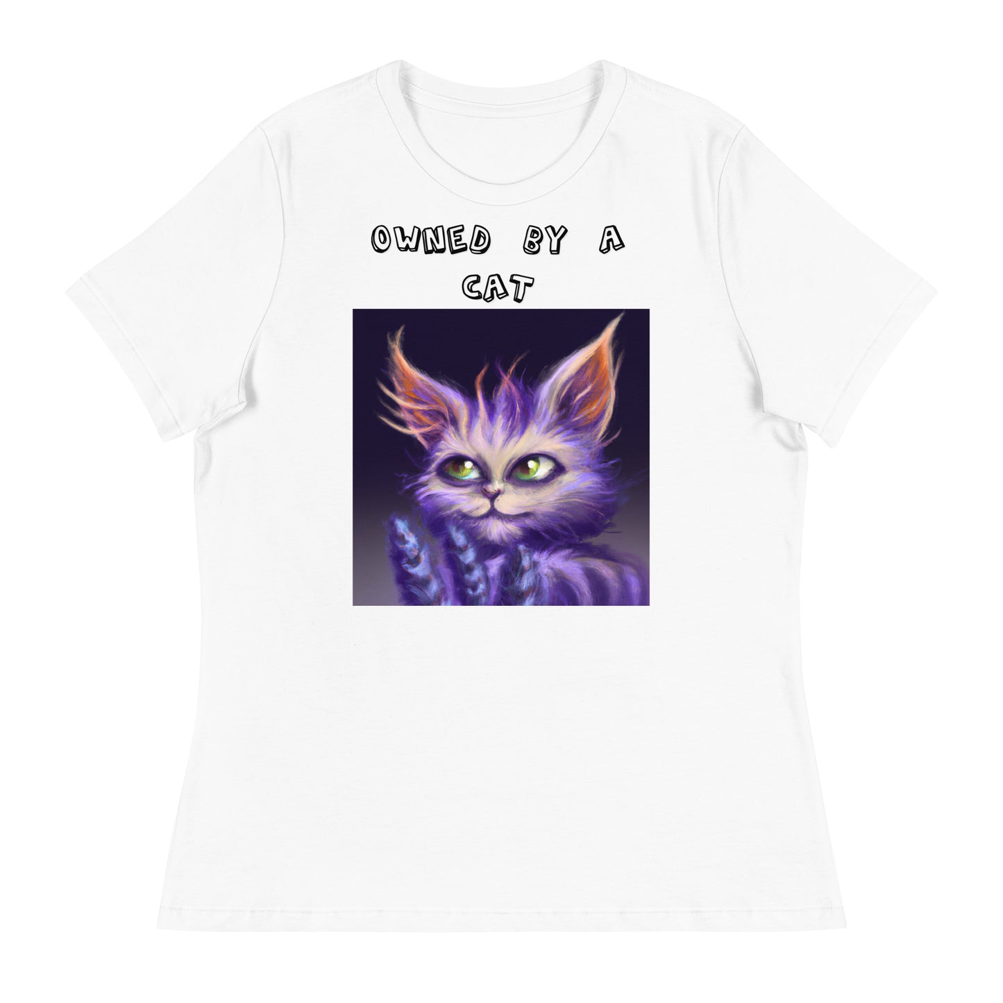 Women's White T-Shirt with Purple Alien Cat with a text "Owned by a Cat" at $25.97 found at Personalizedpetlovergifts