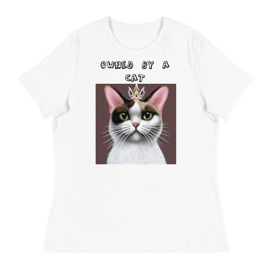 Women's White T-Shirt with Princess Cat With a Tiara with a text "Owned by a Cat" at $25.97 found at Personalizedpetlovergifts