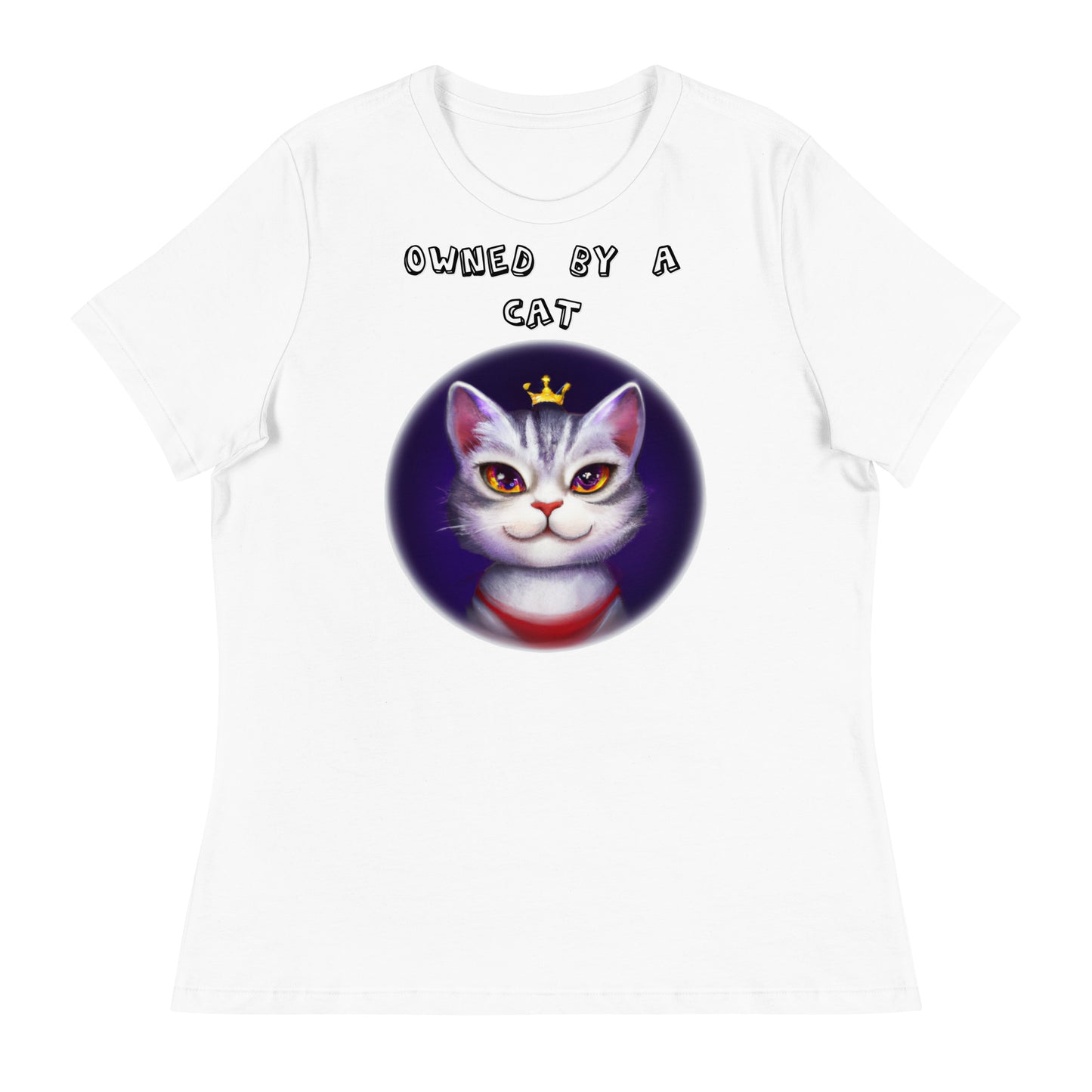 Women's White T-Shirt with Princess Cat In a Circle with a text "Owned by a Cat" at $25.97 found at Personalizedpetlovergifts