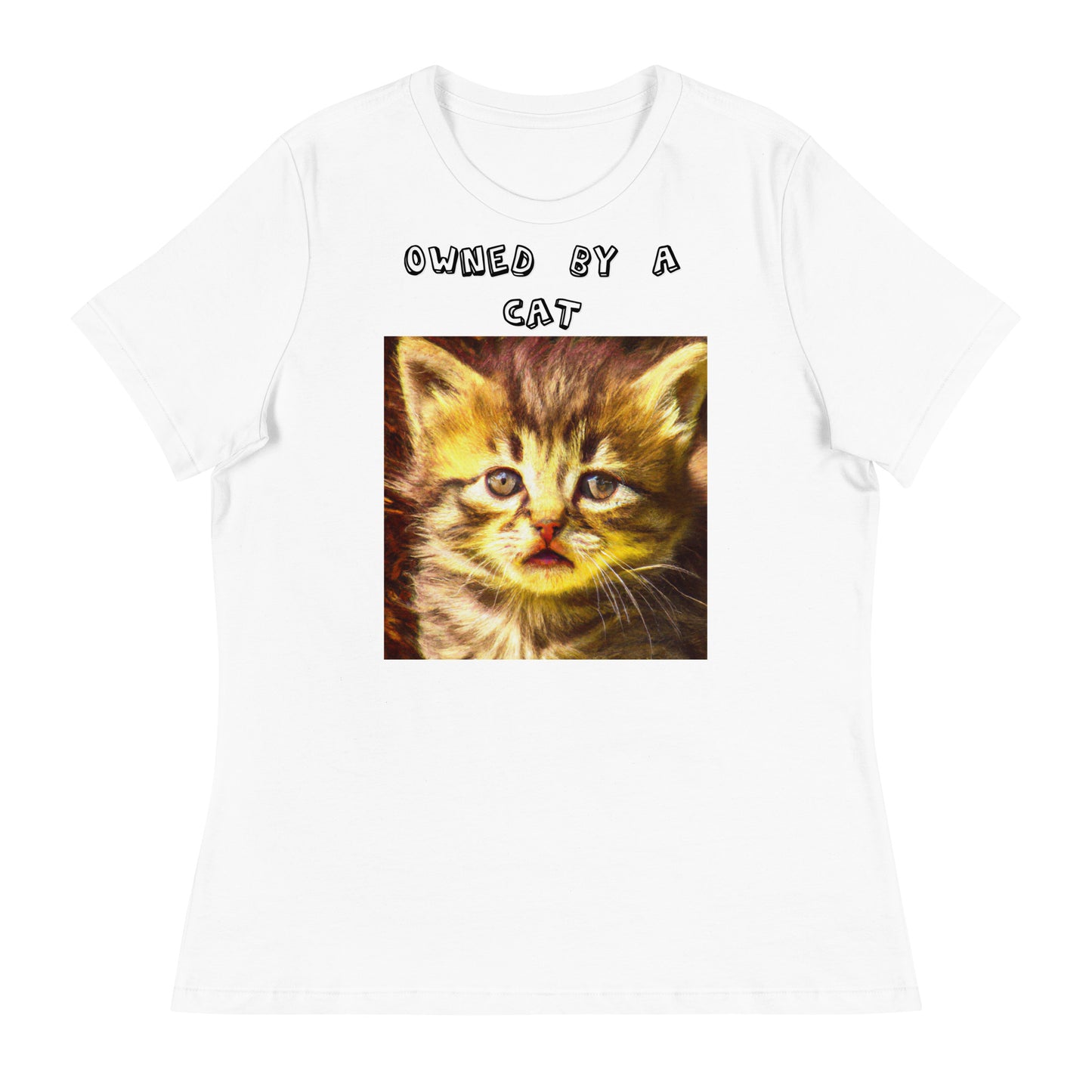 Women's White T-Shirt with Portrait Of a Fluffy Kitten with a text "Owned by a Cat" at $25.97 found at Personalizedpetlovergifts