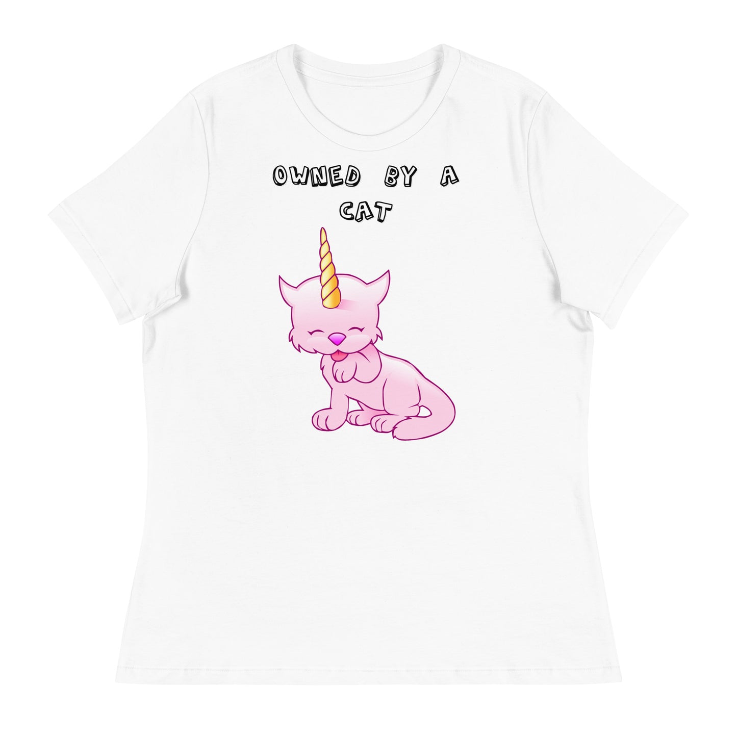 Women's White T-Shirt with Pink Unicorn Cat Licking Its Paw with a text "Owned by a Cat" at $25.97 found at Personalizedpetlovergifts