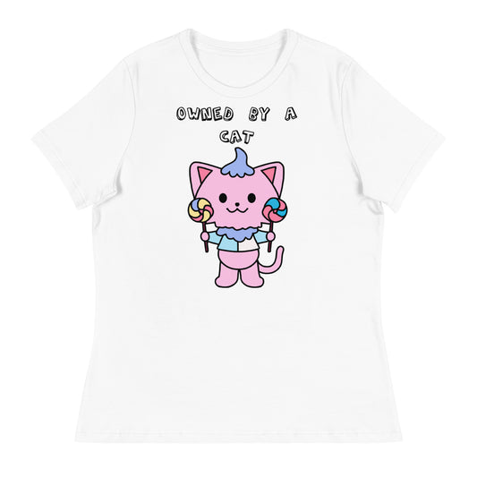 Women's White T-Shirt with Pink Kitten With Lollipops with a text "Owned by a Cat" at $25.97 found at Personalizedpetlovergifts