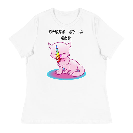 Women's White T-Shirt with Pink Kitten Licking Candy with a text "Owned by a Cat" at $25.97 found at Personalizedpetlovergifts