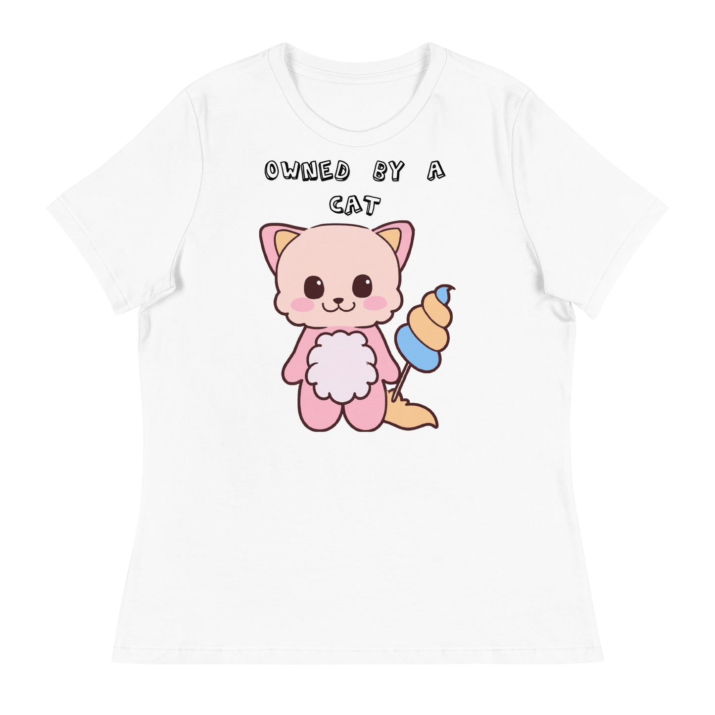 Women's White T-Shirt with Pink Kitten Holding a Cotton Candy with a text "Owned by a Cat" at $25.97 found at Personalizedpetlovergifts