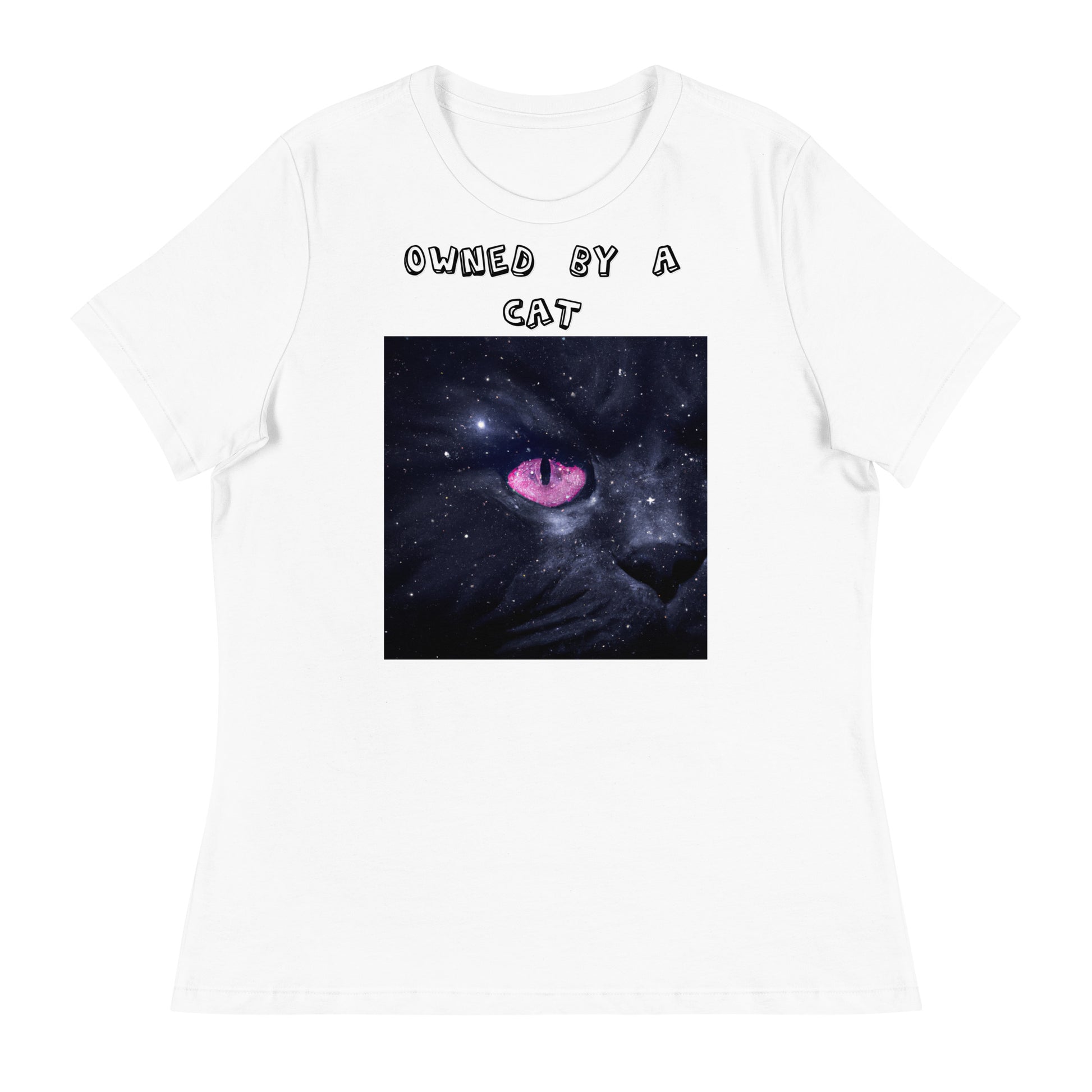 Women's White T-Shirt with Pink Galaxy Eyed Cat with a text "Owned by a Cat" at $25.97 found at Personalizedpetlovergifts