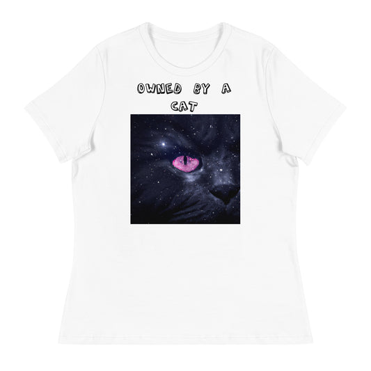 Women's White T-Shirt with Pink Galaxy Eyed Cat with a text "Owned by a Cat" at $25.97 found at Personalizedpetlovergifts