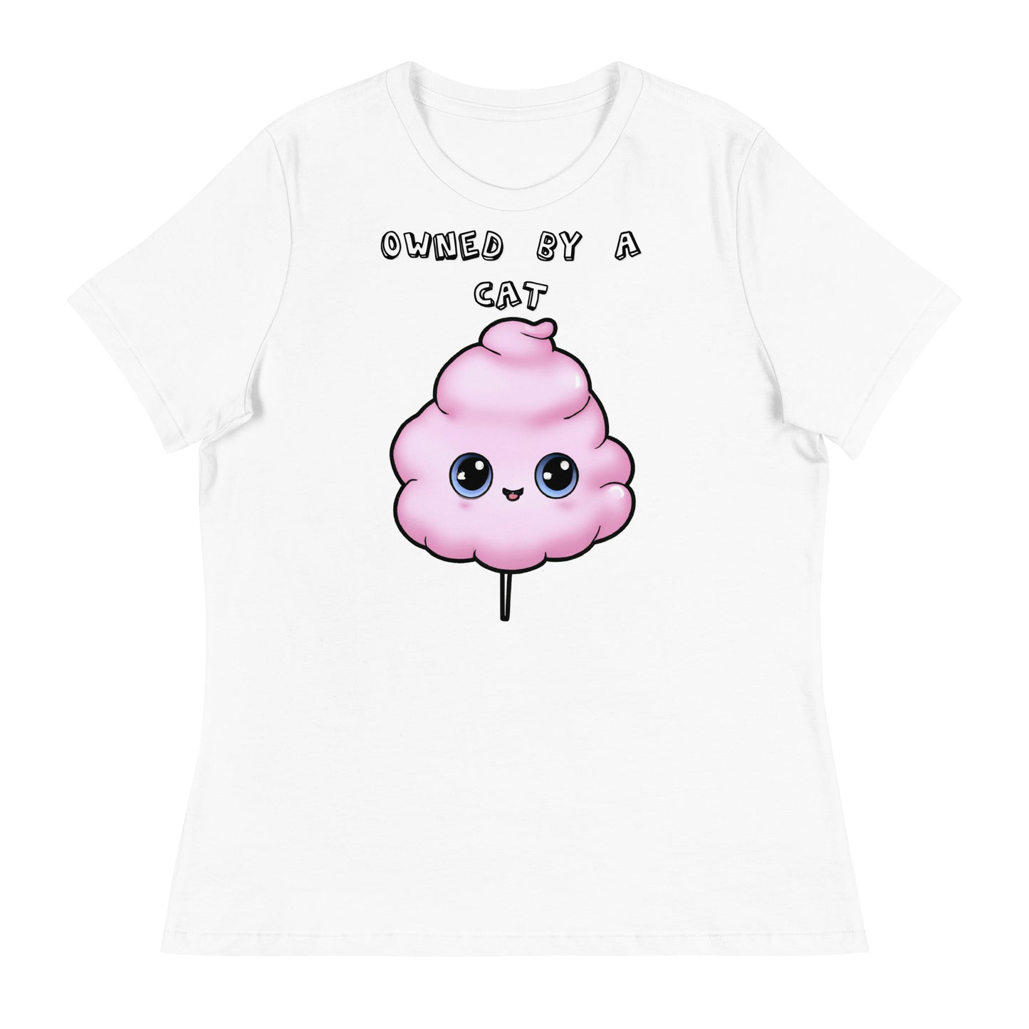 Women's White T-Shirt with Pink Cotton Candy With Cute Eyes with a text "Owned by a Cat" at $25.97 found at Personalizedpetlovergifts