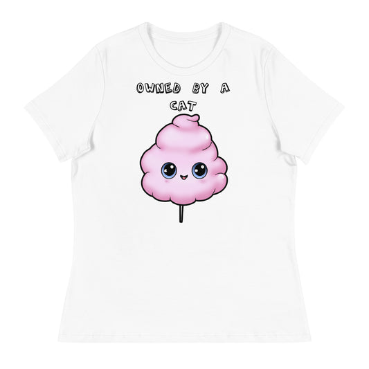 Women's White T-Shirt with Pink Cotton Candy With Cute Eyes with a text "Owned by a Cat" at $25.97 found at Personalizedpetlovergifts