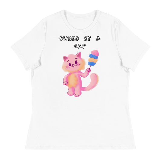 Women's White T-Shirt with Pink Cat With Cotton Candy with a text "Owned by a Cat" at $25.97 found at Personalizedpetlovergifts