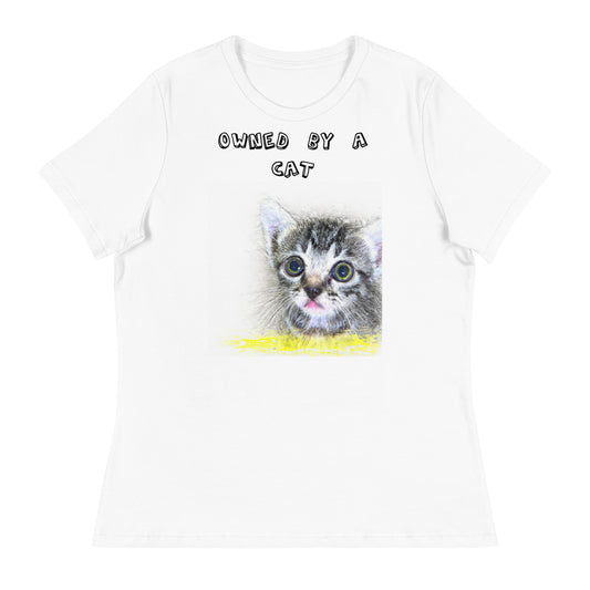 Women's White T-Shirt with Pencil Drawing Of a Cat with a text "Owned by a Cat" at $25.97 found at Personalizedpetlovergifts