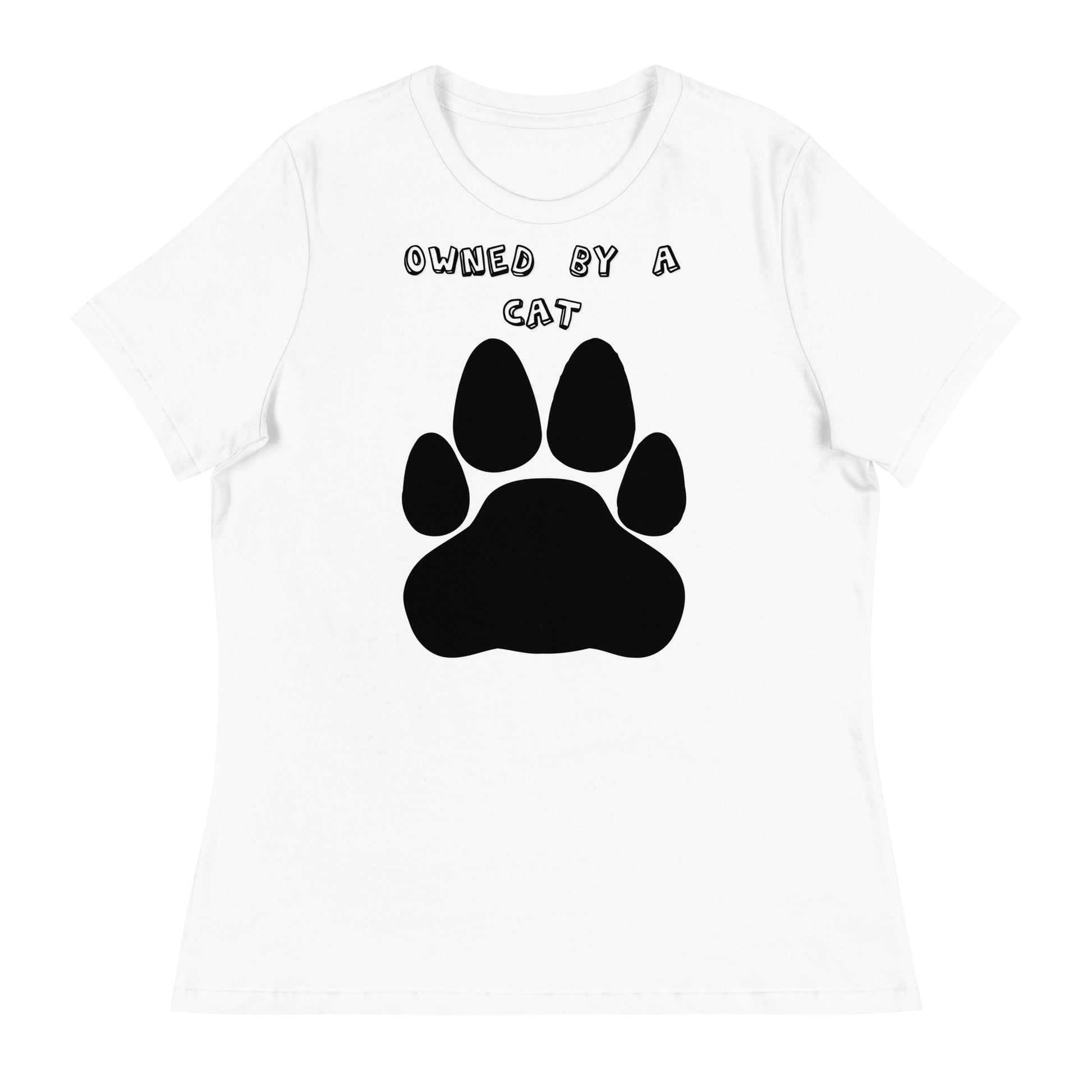 Women's White T-Shirt with Paw with a text "Owned by a Cat" at $25.97 found at Personalizedpetlovergifts