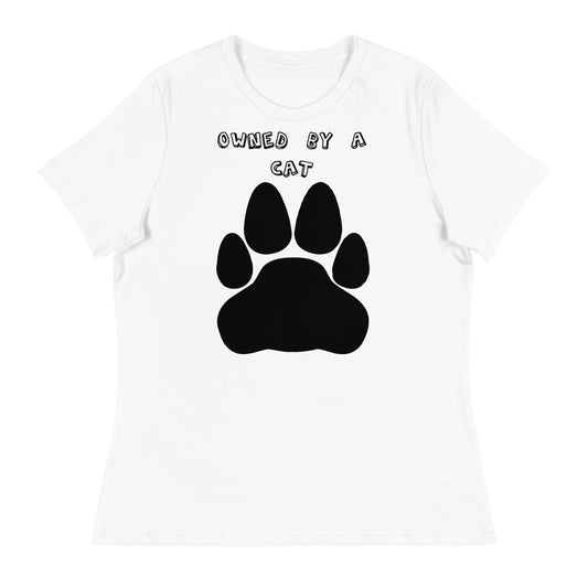 Women's White T-Shirt with Paw with a text "Owned by a Cat" at $25.97 found at Personalizedpetlovergifts