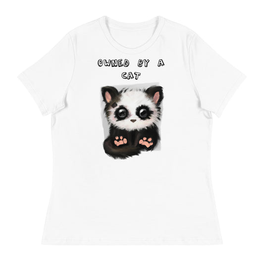 Women's White T-Shirt with Panda Kitten with a text "Owned by a Cat" at $25.97 found at Personalizedpetlovergifts