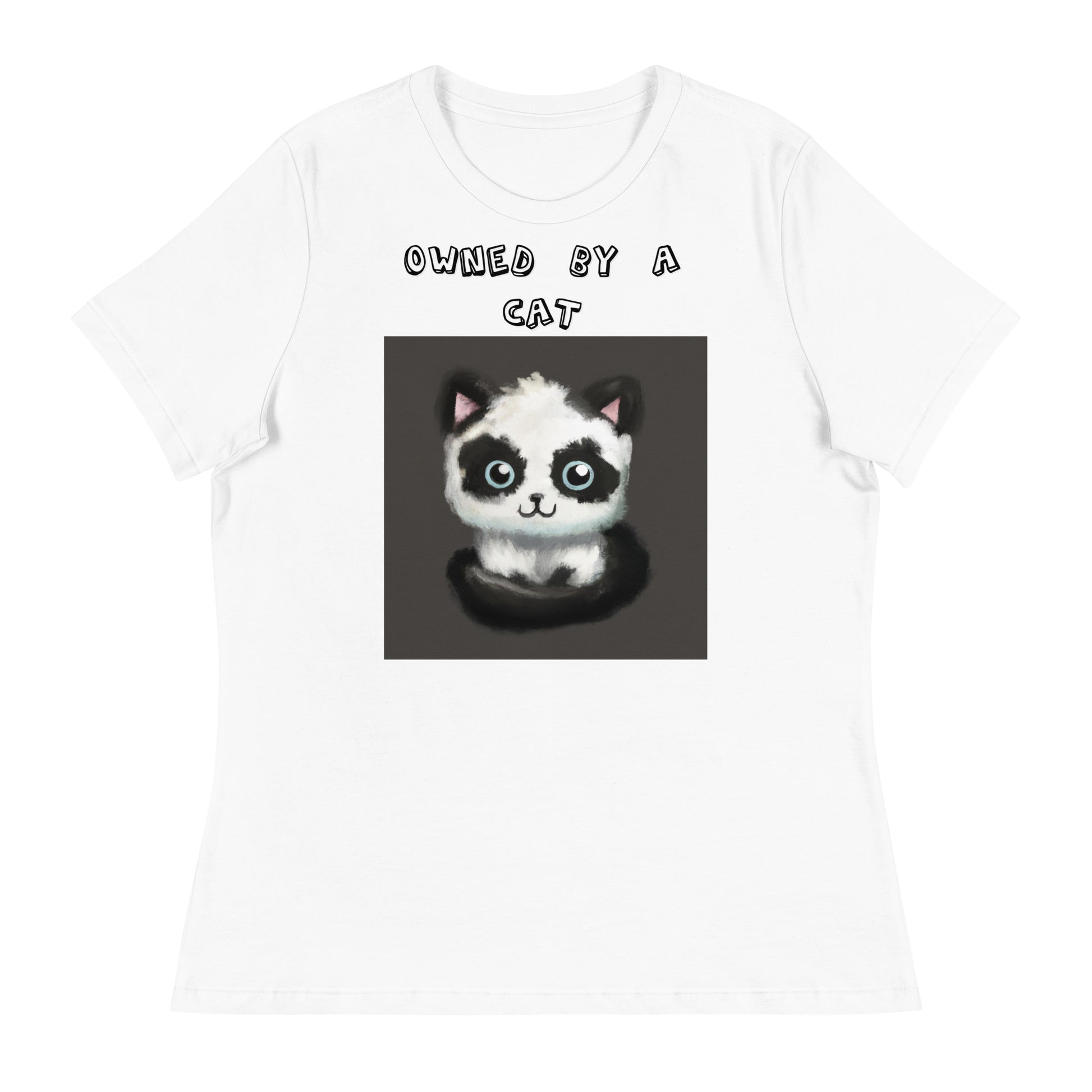 Women's White T-Shirt with Panda Colored Kitten with a text "Owned by a Cat" at $25.97 found at Personalizedpetlovergifts