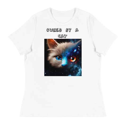 Women's White T-Shirt with Multi Colored Eyed Cat with a text "Owned by a Cat" at $25.97 found at Personalizedpetlovergifts