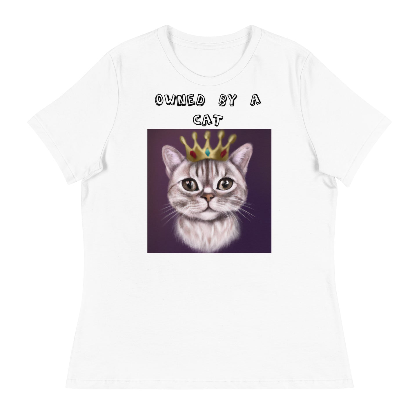 Women's White T-Shirt with Little Prince Kitten with a text "Owned by a Cat" at $25.97 found at Personalizedpetlovergifts