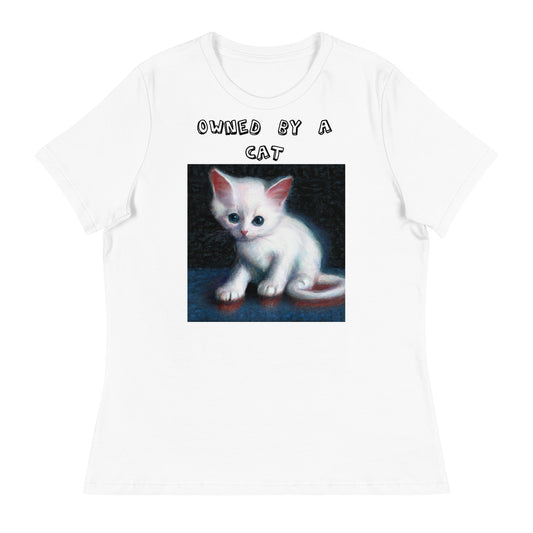 Women's White T-Shirt with Little Kitten with a text "Owned by a Cat" at $25.97 found at Personalizedpetlovergifts