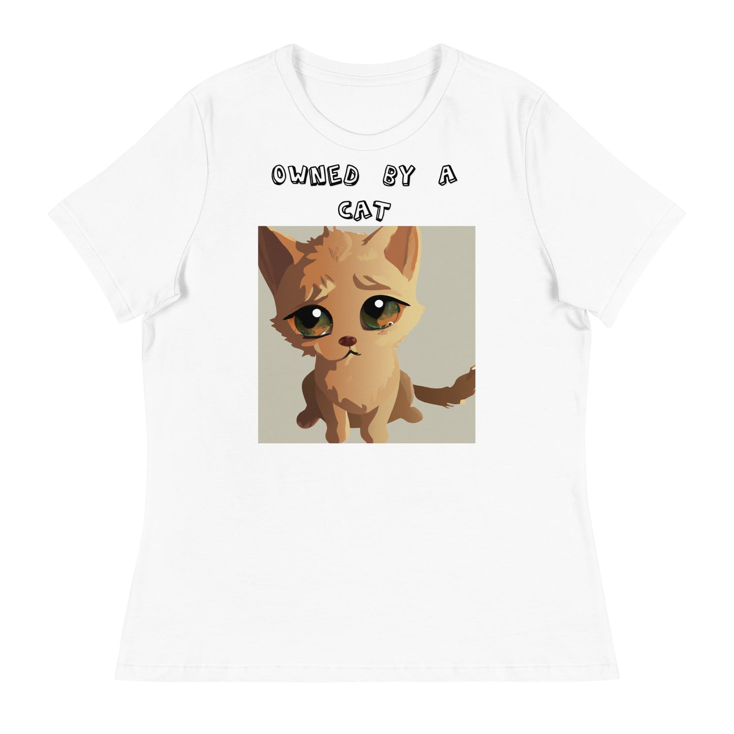 Women's White T-Shirt with Kitten With Sad Eyes with a text "Owned by a Cat" at $25.97 found at Personalizedpetlovergifts