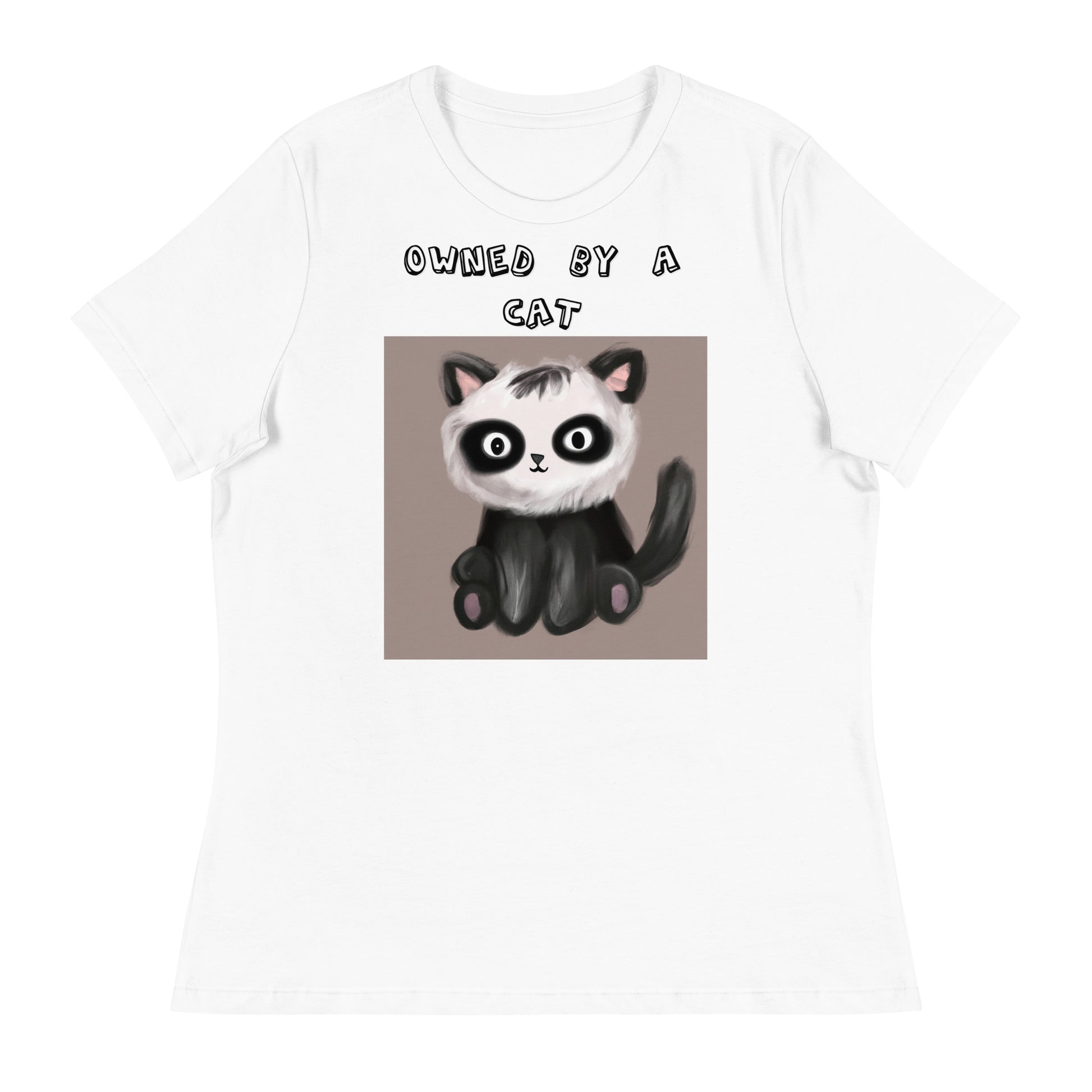 Women's White T-Shirt with Kitten With Panda Colors with a text "Owned by a Cat" at $25.97 found at Personalizedpetlovergifts