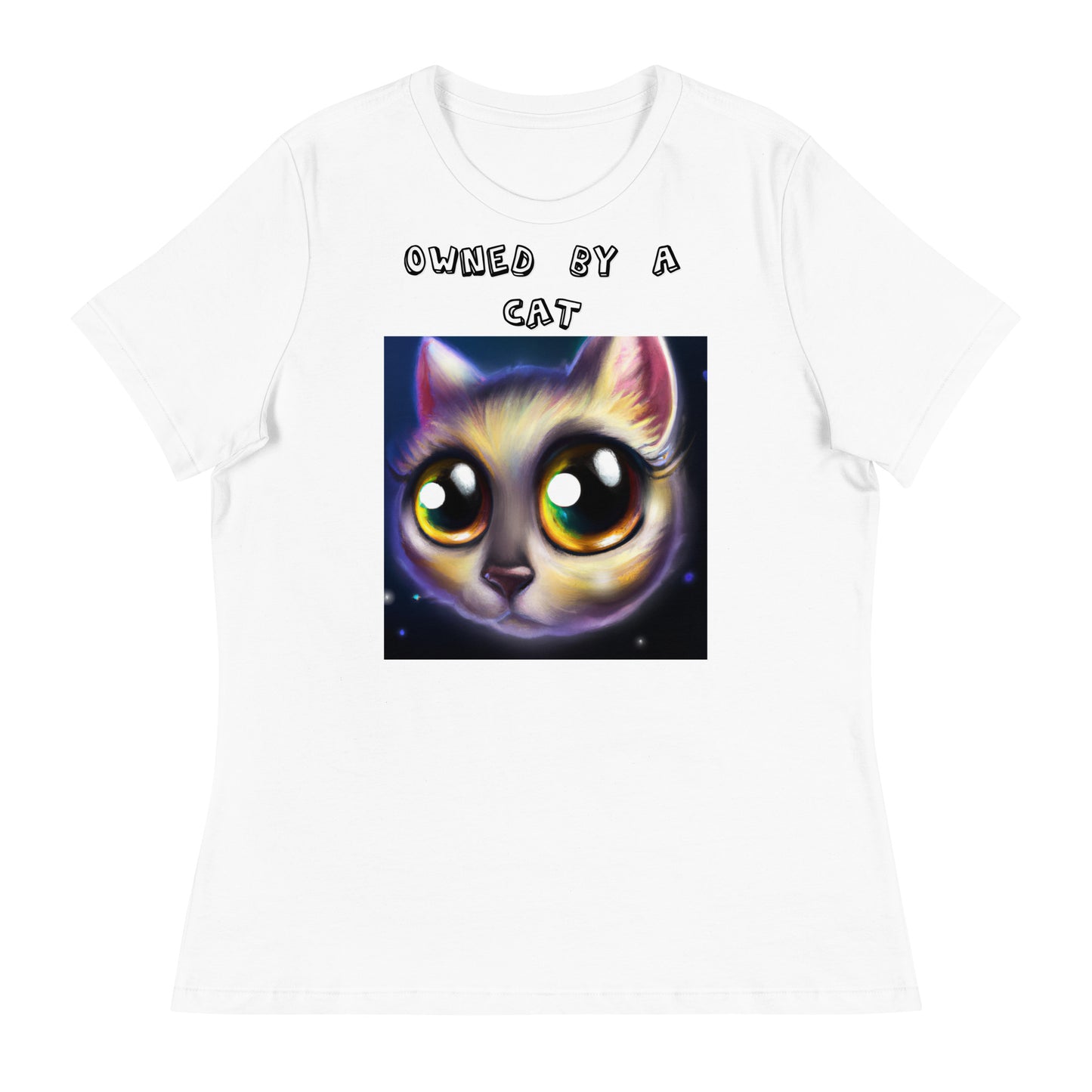 Women's White T-Shirt with Kitten With Cute Sad Eyes with a text "Owned by a Cat" at $25.97 found at Personalizedpetlovergifts