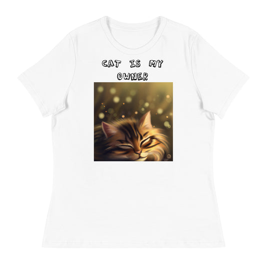 Women's White T-Shirt with Sleepy Cat with a text "Cat Is My Owner" at $25.97 found at Personalizedpetlovergifts