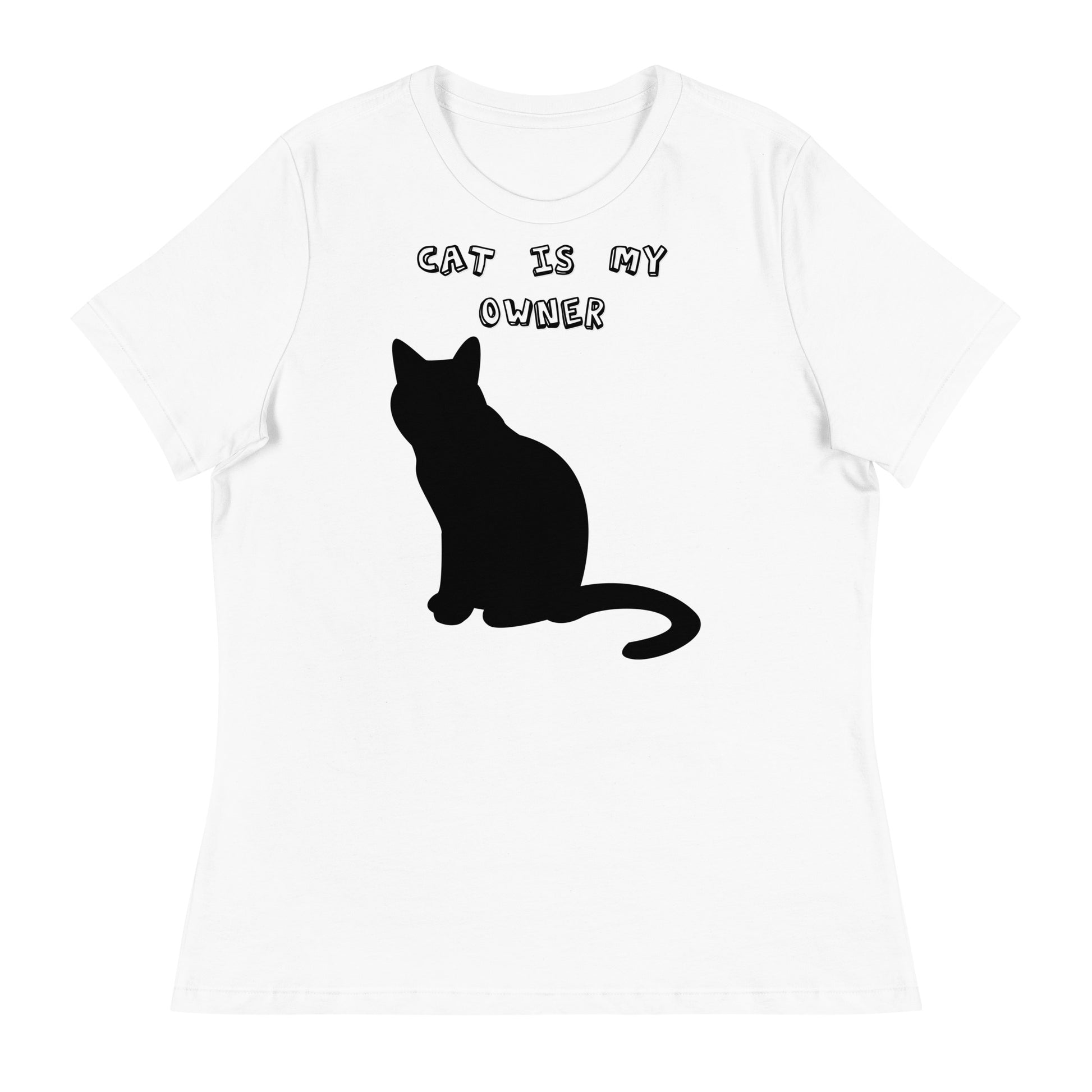 Women's White T-Shirt with Silhouette Of Black Cat with a text "Cat Is My Owner" at $25.97 found at Personalizedpetlovergifts