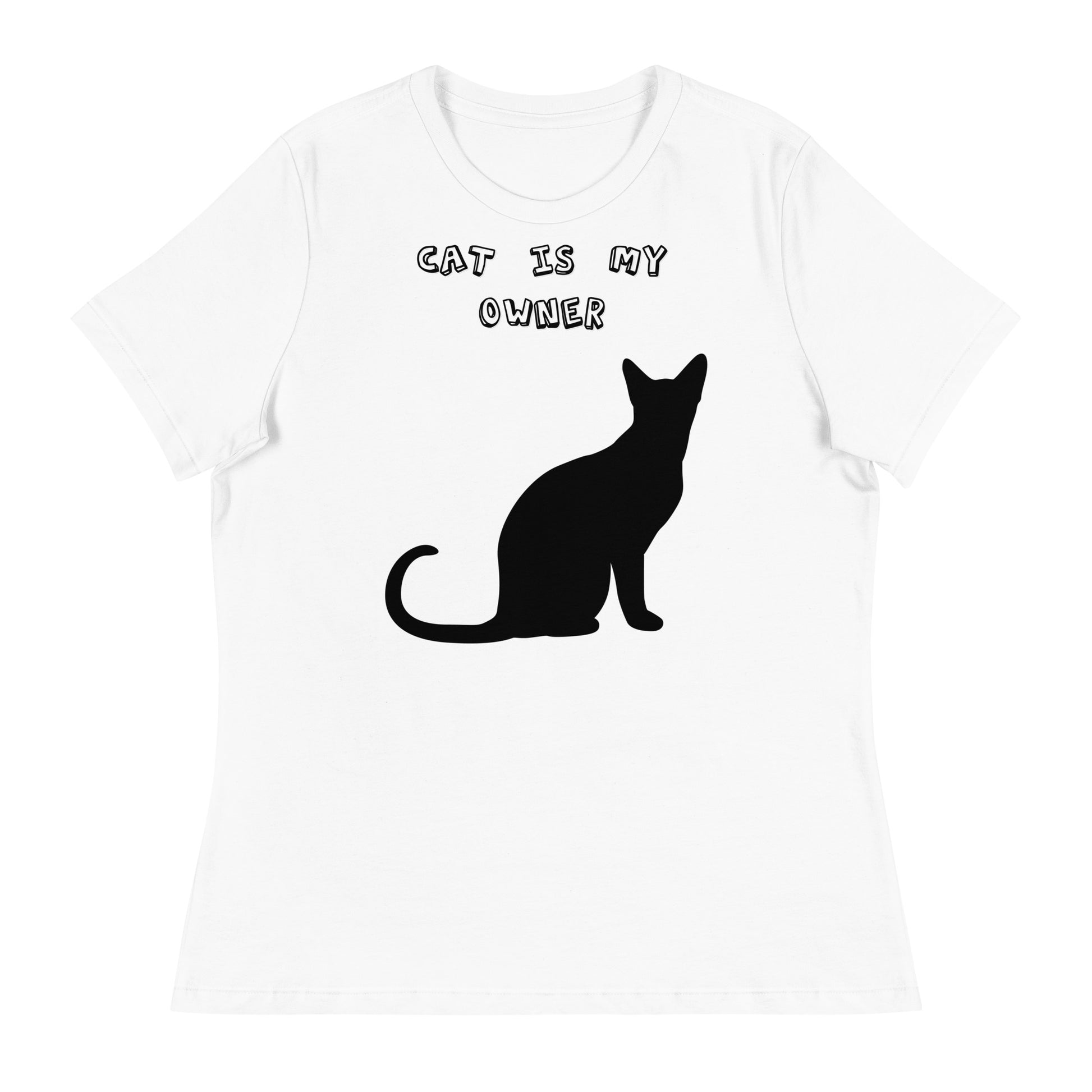 Women's White T-Shirt with Silhouette Of a Black Cat with a text "Cat Is My Owner" at $25.97 found at Personalizedpetlovergifts