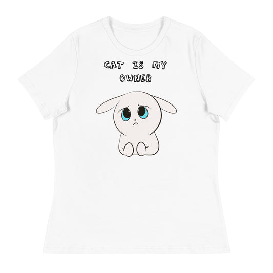 Women's White T-Shirt with Sad White Kitten with a text "Cat Is My Owner" at $25.97 found at Personalizedpetlovergifts