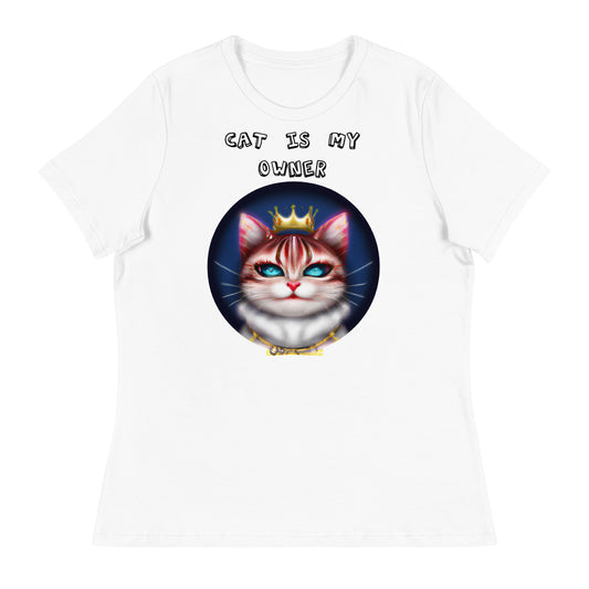 Women's White T-Shirt with Queen Kitten In a Circle with a text "Cat Is My Owner" at $25.97 found at Personalizedpetlovergifts