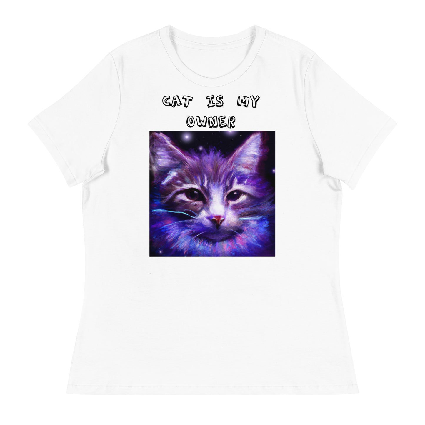 Women's White T-Shirt with Purple Space Cat with a text "Cat Is My Owner" at $25.97 found at Personalizedpetlovergifts