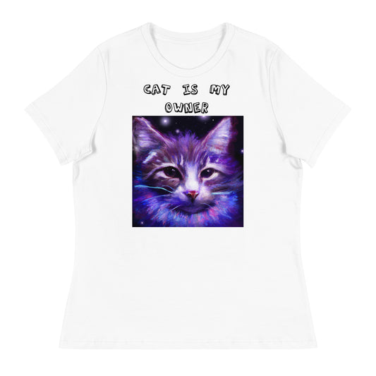 Women's White T-Shirt with Purple Space Cat with a text "Cat Is My Owner" at $25.97 found at Personalizedpetlovergifts