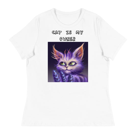 Women's White T-Shirt with Purple Alien Cat with a text "Cat Is My Owner" at $25.97 found at Personalizedpetlovergifts