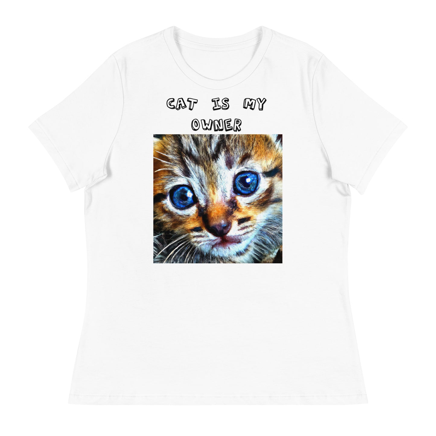 Women's White T-Shirt with Portrait Painting Of a Cat with a text "Cat Is My Owner" at $25.97 found at Personalizedpetlovergifts