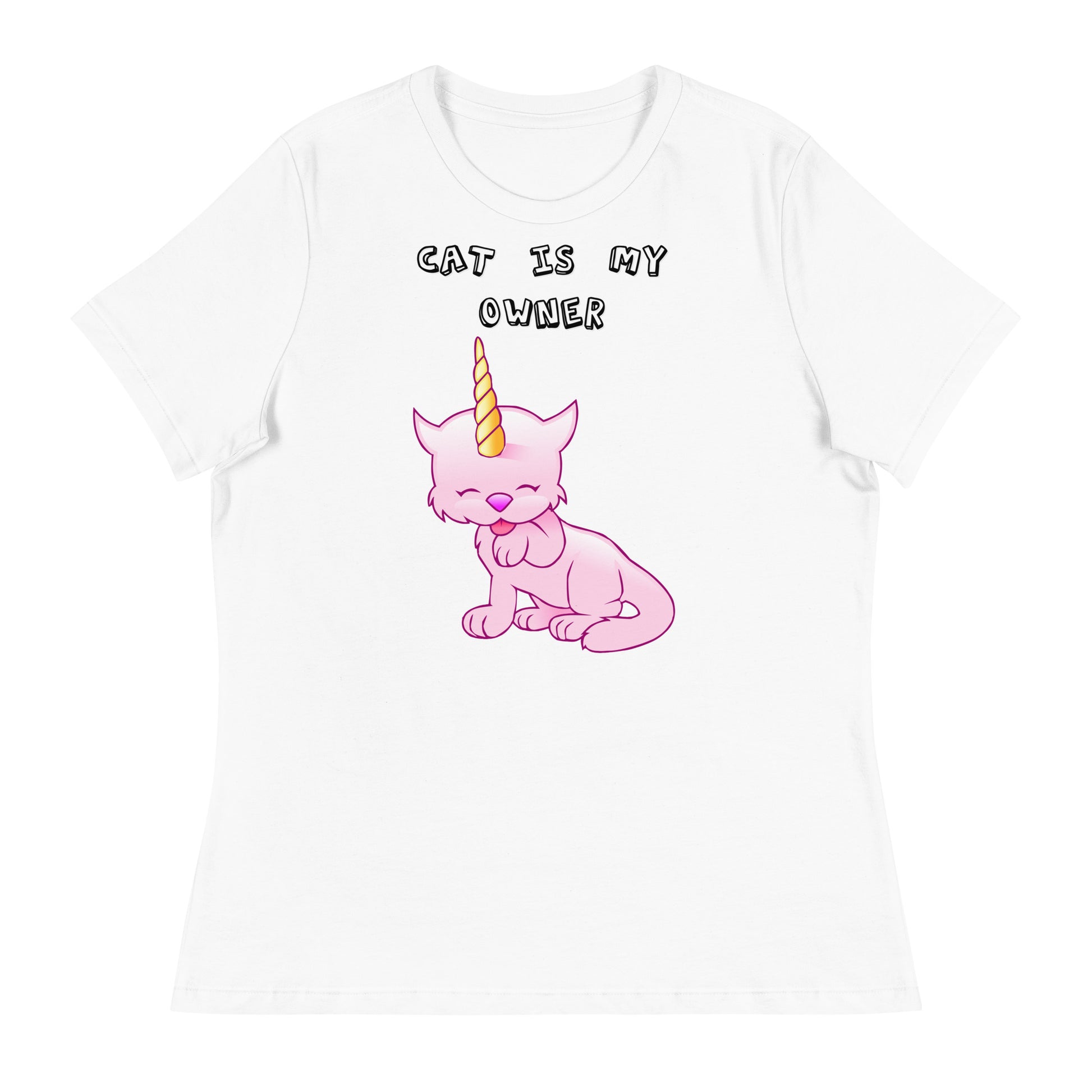 Women's White T-Shirt with Pink Unicorn Cat Licking Its Paw with a text "Cat Is My Owner" at $25.97 found at Personalizedpetlovergifts