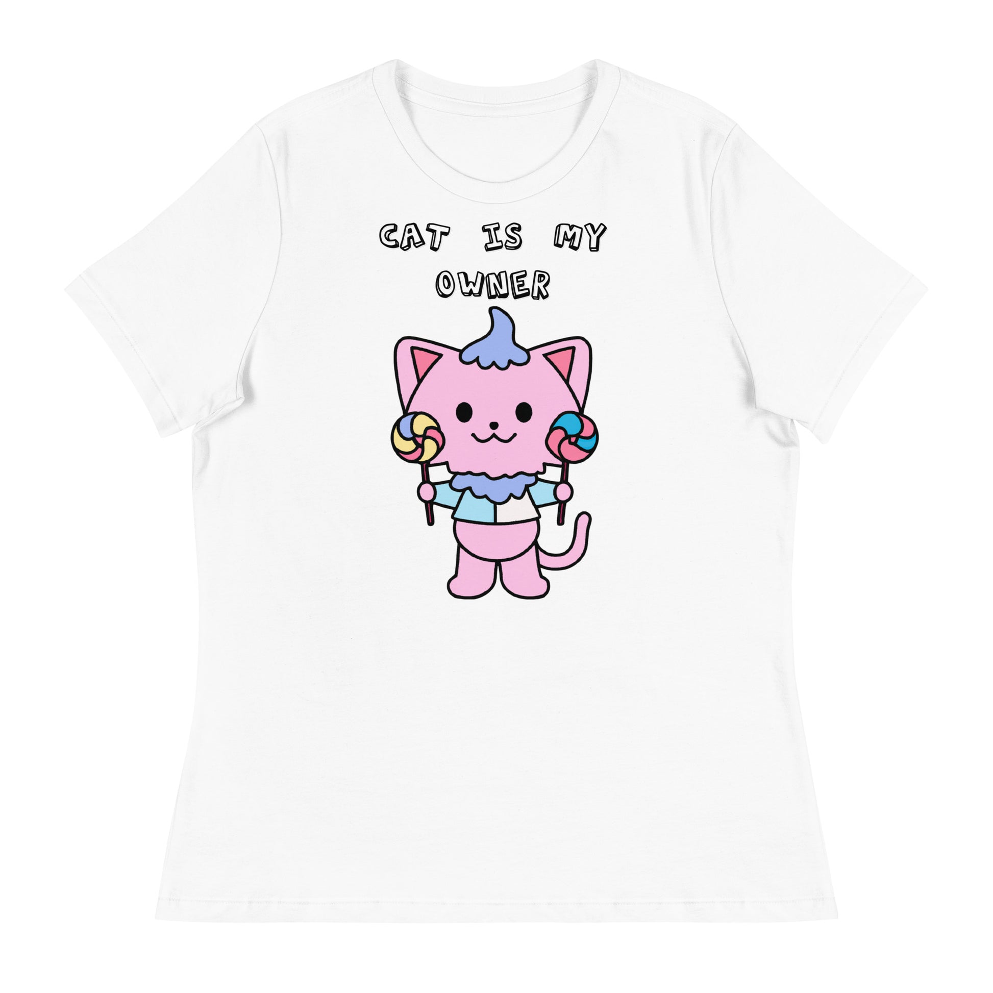 Women's White T-Shirt with Pink Kitten With Lollipops with a text "Cat Is My Owner" at $25.97 found at Personalizedpetlovergifts