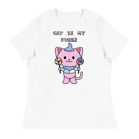 Women's White T-Shirt with Pink Kitten With Lollipops with a text "Cat Is My Owner" at $25.97 found at Personalizedpetlovergifts