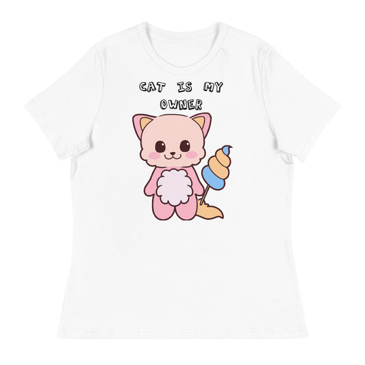 Women's White T-Shirt with Pink Kitten Holding a Cotton Candy with a text "Cat Is My Owner" at $25.97 found at Personalizedpetlovergifts