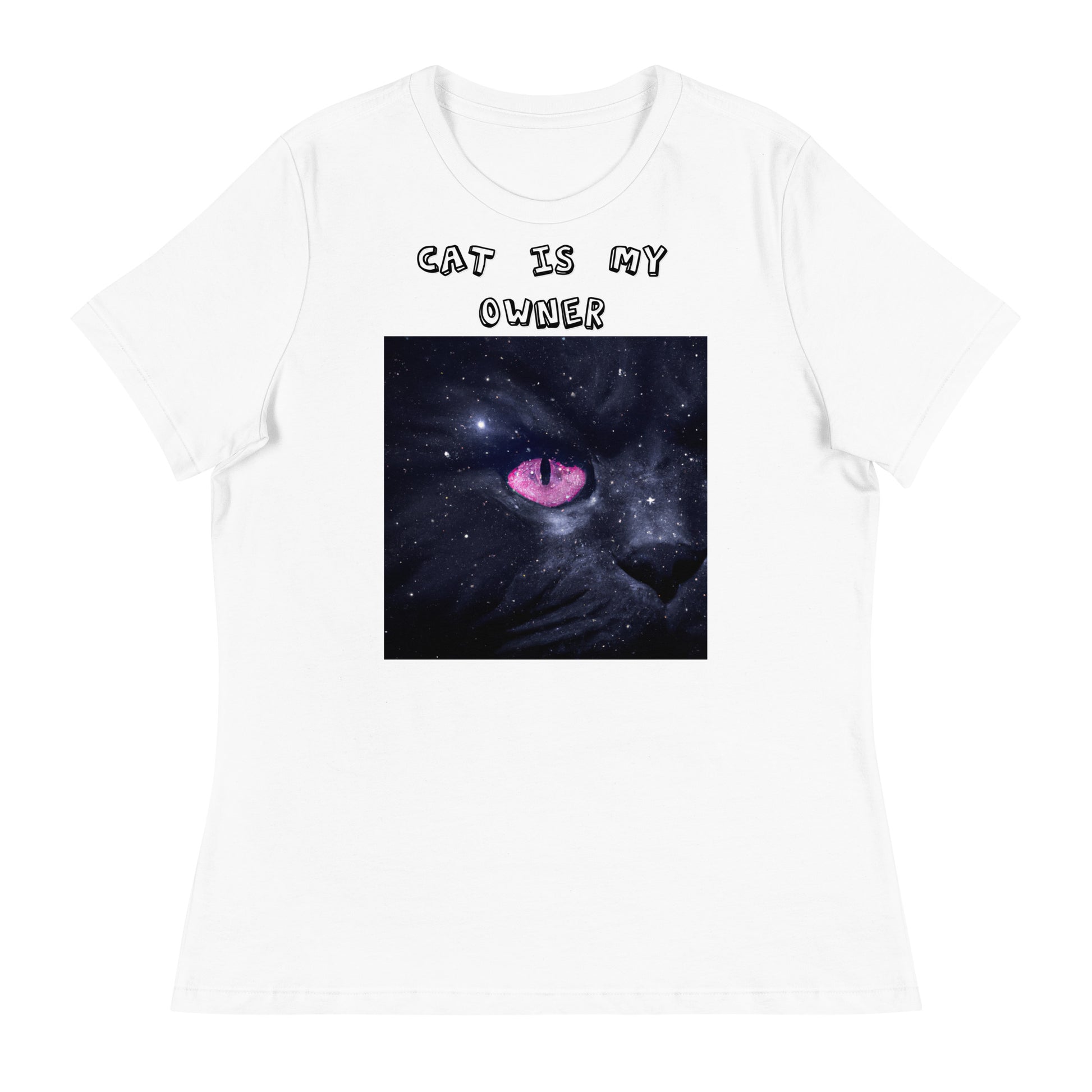 Women's White T-Shirt with Pink Galaxy Eyed Cat with a text "Cat Is My Owner" at $25.97 found at Personalizedpetlovergifts