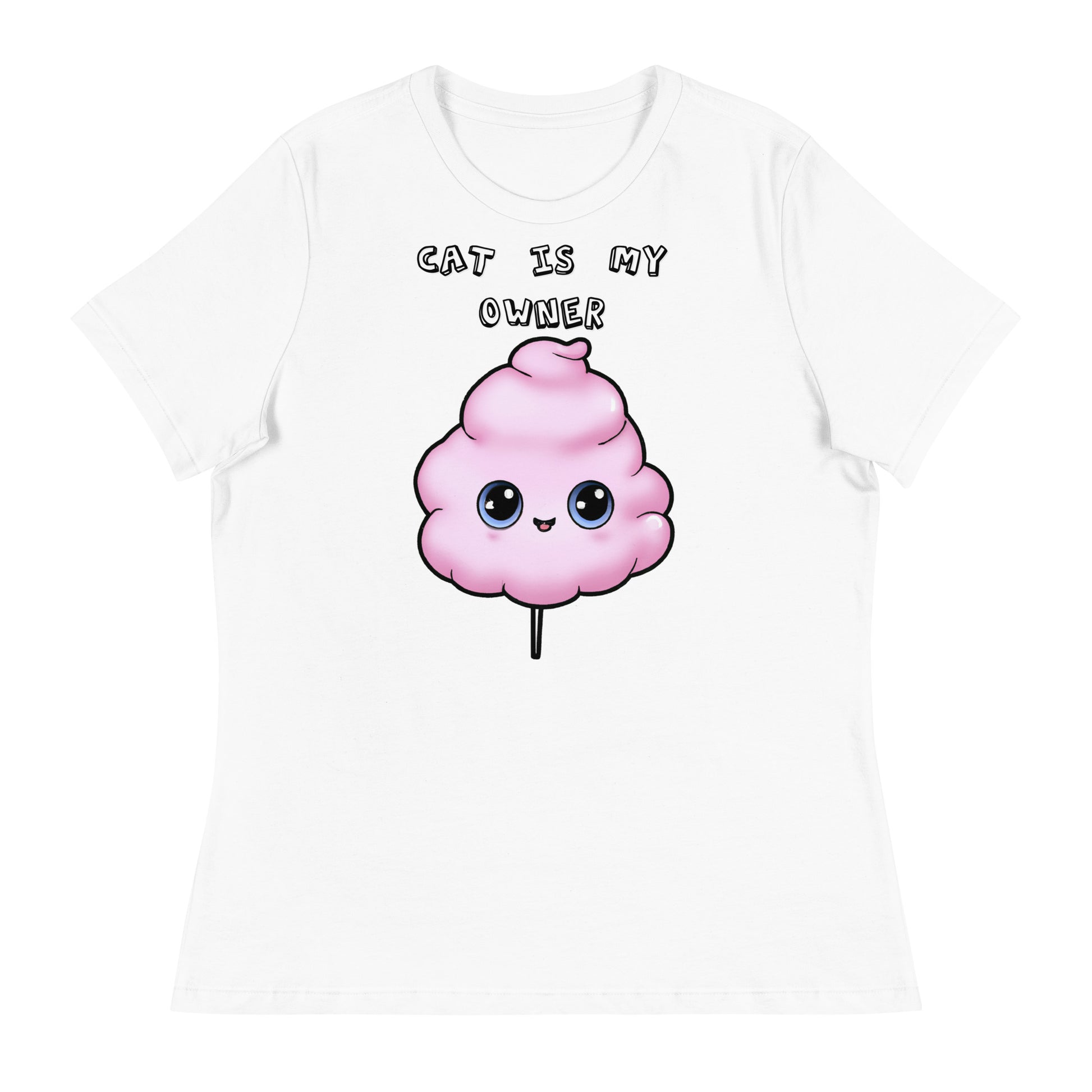 Women's White T-Shirt with Pink Cotton Candy With Cute Eyes with a text "Cat Is My Owner" at $25.97 found at Personalizedpetlovergifts